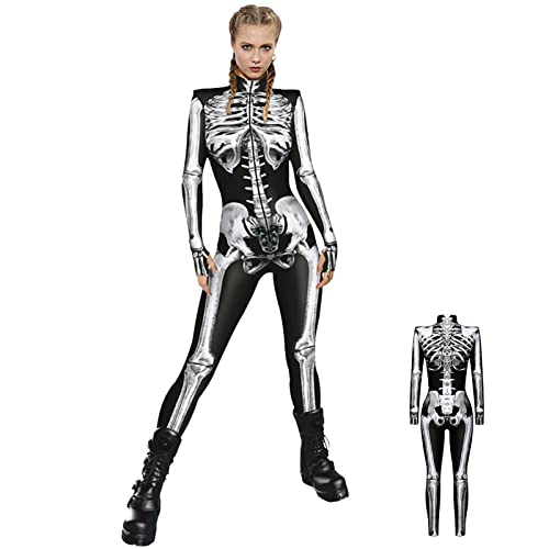 cypreason Halloween Skelett Anzug Damen Jumpsuit Skelett Damen Skelett Kostüm Halloween Kostüm Damen Skelett Sexy Skelett-Overall Catsuit Für Halloween Kostümparty Cosplay