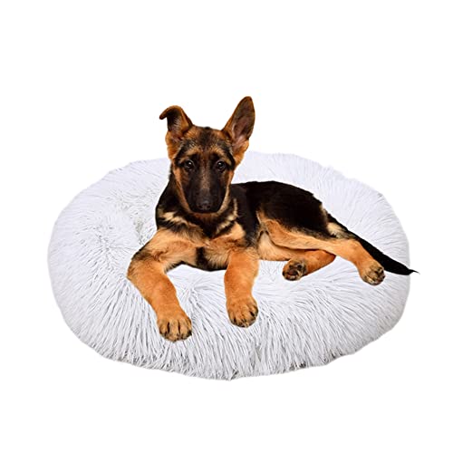 Rutschfestes rundes Plüsch-Hundebett – beruhigendes Donut-Kuschelbett – flauschig, weich, waschbar, schützt vor Angst und verbessert das Schlafen, 140 cm, cremefarben