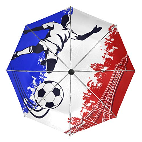 Rootti Regenschirm, 3 Falten, leicht, Frankreich-Flagge, Fußball und Eiffelturm, mit einem Knopf, automatisches Öffnen und Schließen, winddicht, für Kinder, Damen und Herren