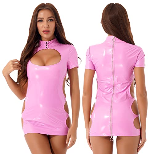 Damenkleid Aushöhlen Zurück Reißverschluss Minikleider Latex Lackleder Kleider Kostüme Stehkragen Kurzarm,Pink,L