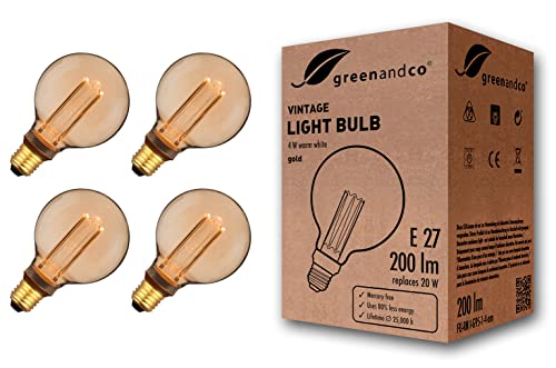 4x greenandco® Vintage Design LED Lampe zur Stimmungsbeleuchtung E27 G95 Edison Glühbirne 4W 200lm 1800K extra warmweiß 320° 230V flimmerfrei nicht dimmbar 2 Jahre Garantie
