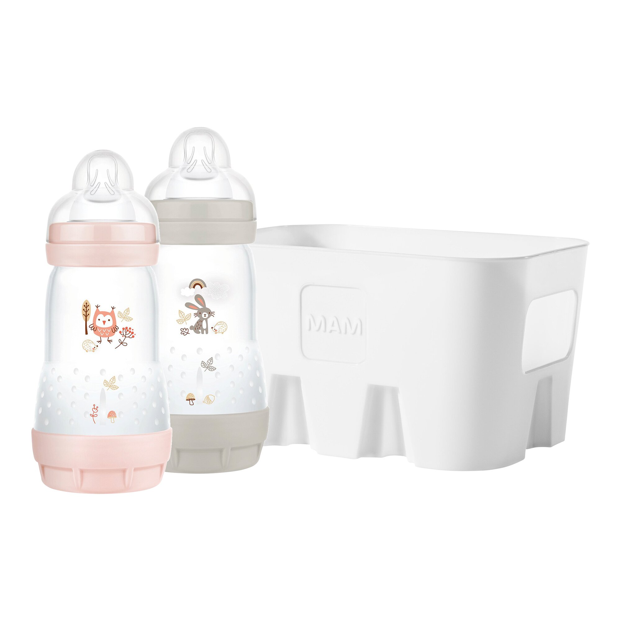MAM Easy Start Babyflaschen Set für Neugeborene, Baby Erstausstattung mit Schnuller, Bürste, Korb & Flaschen (130/160/260 ml), Baby Geschenk Set ab Geburt, Tiermotive, beige