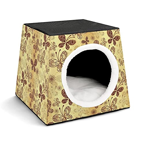 Bedruckte Katzenhöhle Katzenhaus Hundehütte Faltbar als Katzenbett Katzensofa für Katzen Kleintiere mit Abnehmbarem Kissen Schmetterlingsgelb