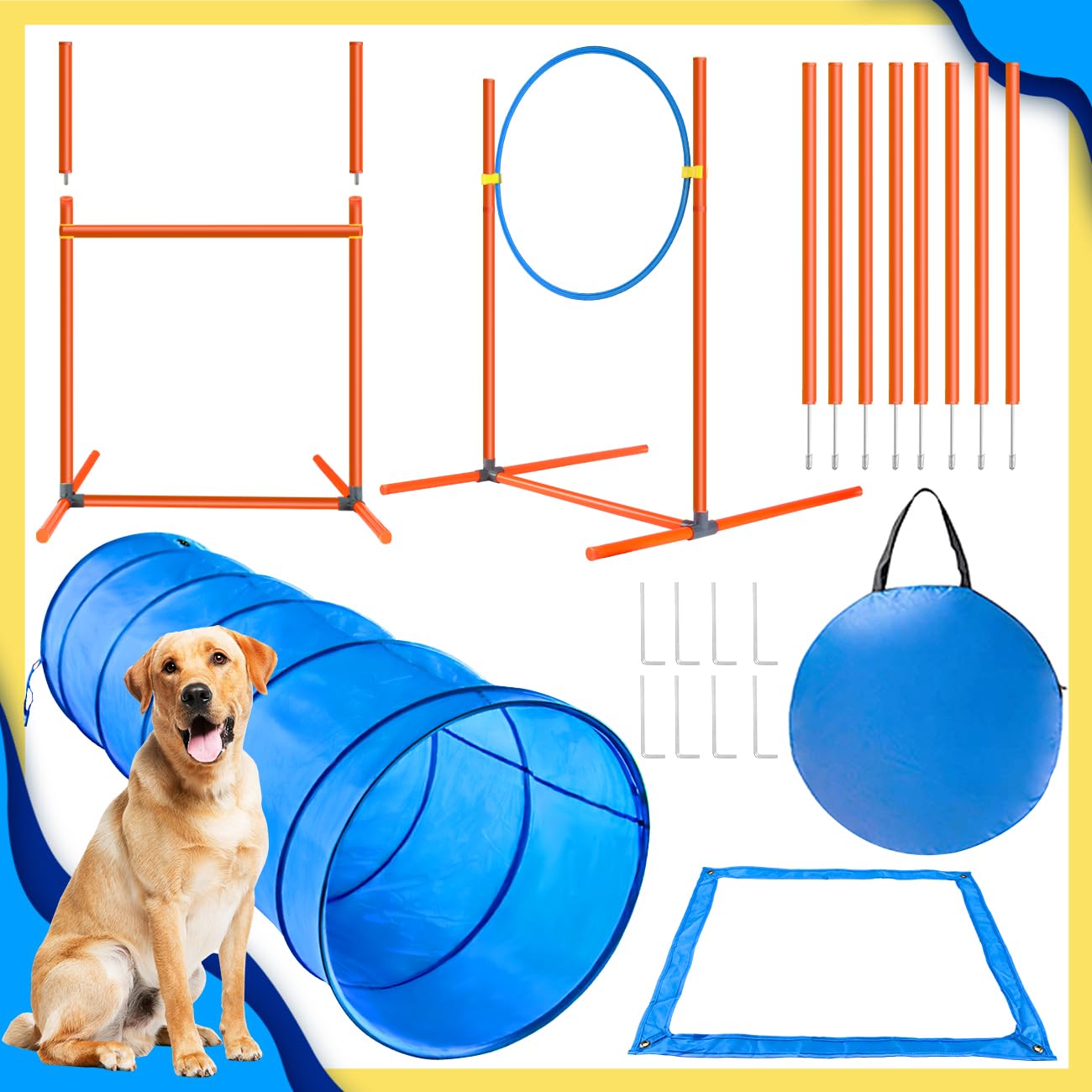 XiaZ Hindernisse, Agilitätstrainingkurs für Hunde, Agilitätstraining, Hund, Agility-Jump, 8 Stück Weave Stangen, Round Open Tunnel – Dog Tranning Agility Kit