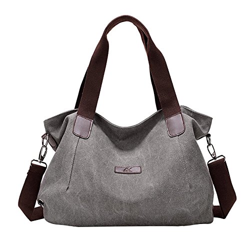 PB-SOAR Damen Vintage Canvas Schultertasche Handtasche Umhängetasche Shopper Beuteltasche Freizeittasche 44x29x14cm (B x H x T), 5 Farben auswählbar (Grau)