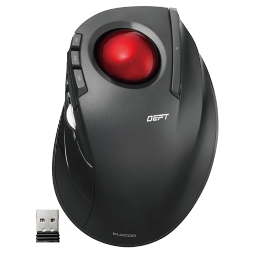 ELECOM DEFT Trackball Maus, 2,4 GHz kabellos, Fingersteuerung, 8-Tasten-Funktion, Ergonomisches Design, mit Glatt Rote Ball, Windows 11, macOS M-DT2DRBK-G