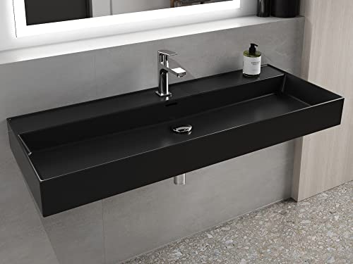 Aqua Bagno Design Waschbecken im modernen Stil, Wand Waschbecken in schwarz matt, Waschtisch aus Keramik | 1205 x 465 x 120 mm