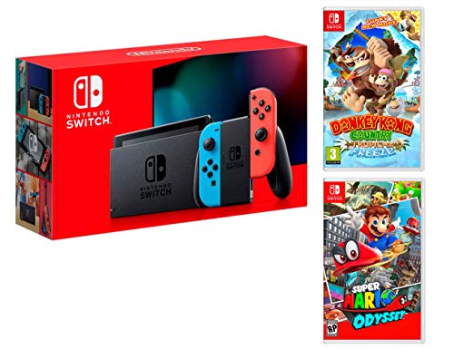 Nintendo Switch rot/blau neon 32 GB Pack + Super Mario Odyssey + Donkey Kong: Tropical Freeze