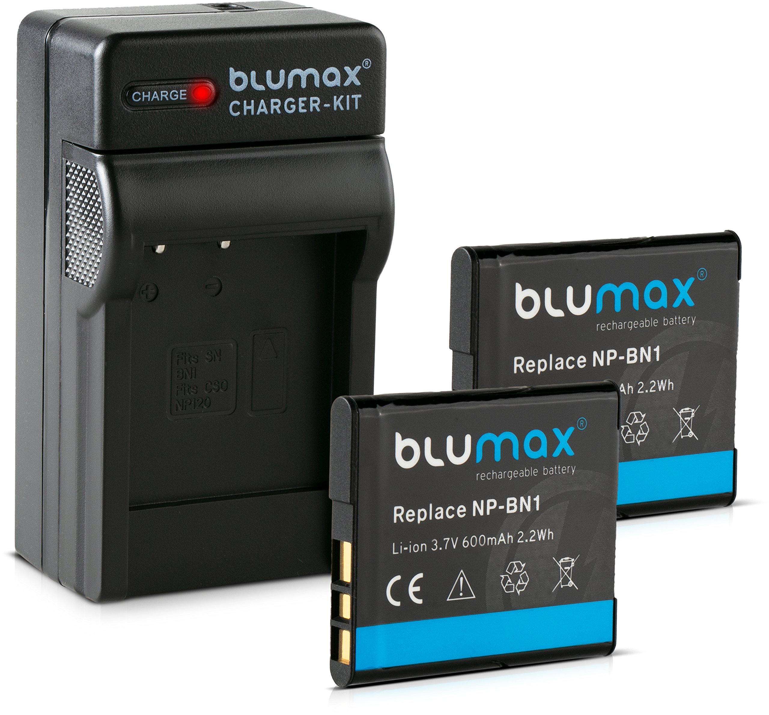 Blumax 2X Akku für Sony NP-BN1 / NPBN1 | 600mAh + Ladegerät| passend zu Sony Cyber-Shot DSC-QX10, DSC-QX100, DSC-T99, DSC-T110, TF1