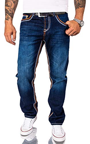 Rock Creek Herren Jeans Hose Comfort Fit Dicke Nähte Jeans Herrenjeans Herrenhose Denim Stonewashed Basic Weites Bein Raw RC-2167 Dunkelblau W38 L38