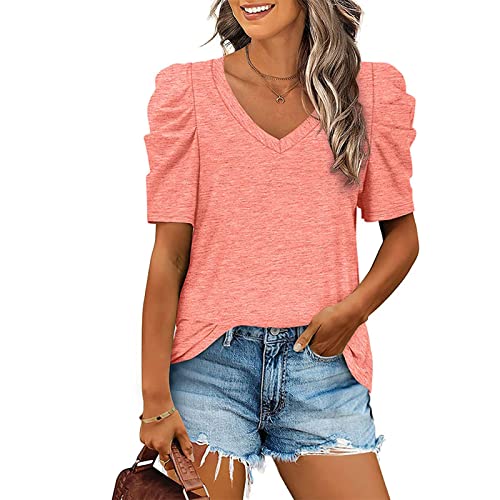 EBTOOLS Kurzarm-T-Shirt für Damen mit V-Ausschnitt, Kurzarm-Shirt für Damen mit Puffärmeln, Damen-Freizeitbluse, Damen-Freizeitoberteil(XL-Rosa)