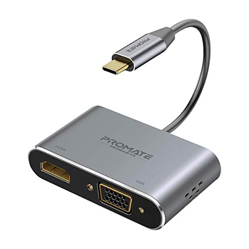 Promate MediaHub-C2, High Definition Aluminium USB-C zu VGA HDMI Konverter 4K Ultra HD Adapter mit 1080 VGA und Dual Screen Display Unterstützung
