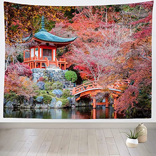 Bilddruck 150 x 250 cm Japanischer Wandteppich Wandbehang Japanischer Tempel Wandteppich Hintergrund Herbst Garten Natur Wald Bäume Landschaft Fluss Brücke Landschaft Wandteppich Raumdekoration