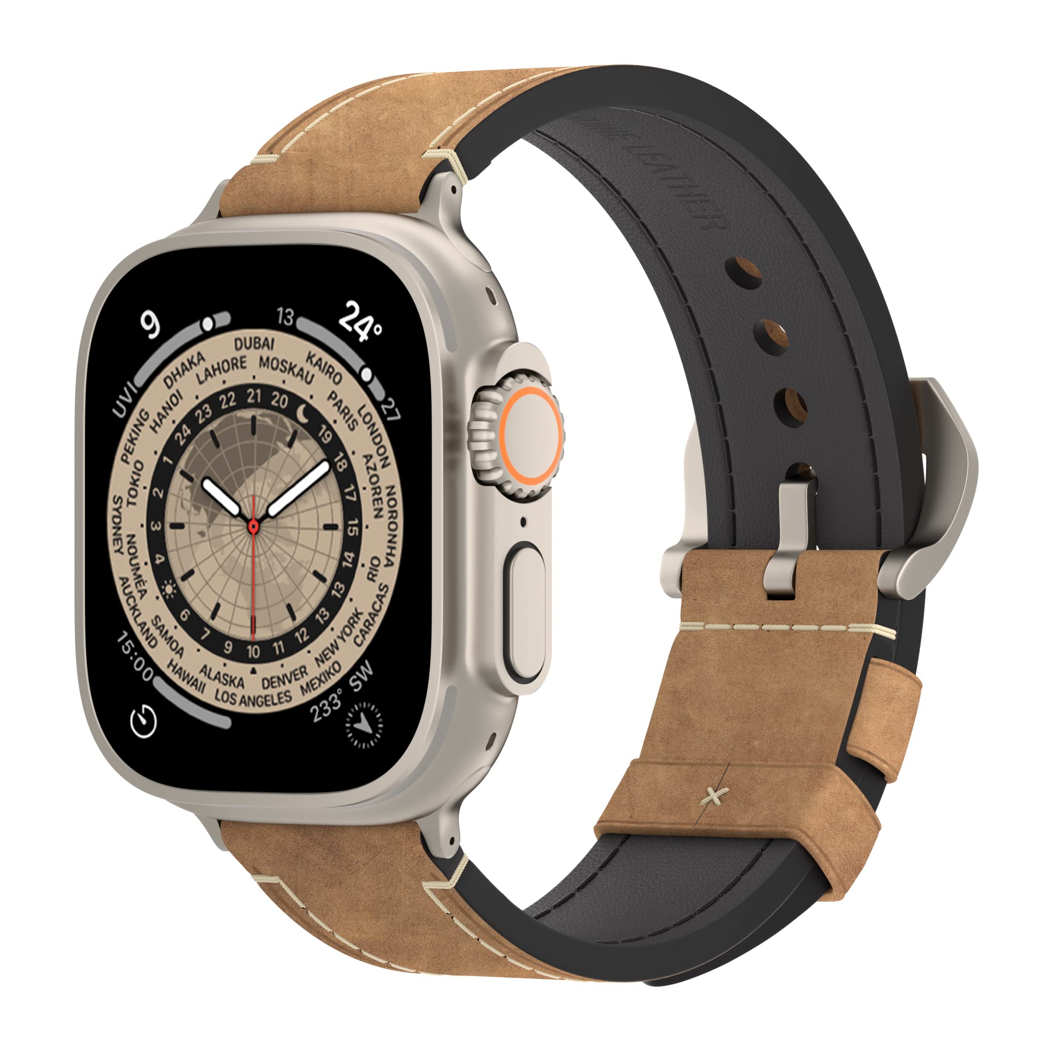 Arktis Lederarmband kompatibel mit Apple Watch Ultra 1, 2 mit 49 mm PALERMO GRANDE Ersatzarmband (Vintage-Look) [Titanfarbene Konnektoren] Dornschließe [316L-Edelstahl] (Wüstenbraun)