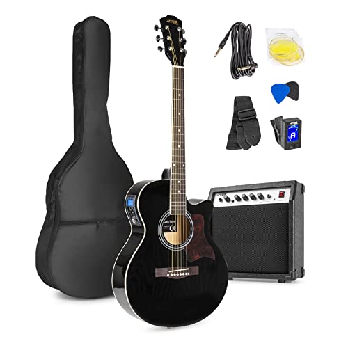 Elektrische Akustikgitarre - MAX ShowKit - komplettes Gitarrenset mit Gitarrenverstärker (40 Watt), Stimmgerät, Gitarrentasche und Plektrum - schwarz
