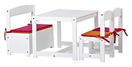 Hoppekids Mathilde Kindersitzgruppe mit Kissenset in rosa und orange mit 1 Kindertisch, 2 Kinderstühle und 1 Bank teilmassiv sehr stabil, Holz, weiß , 64 x 74 x 56 cm