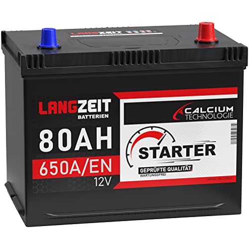 LANGZEIT ASIA Autobatterie 80Ah 12V 650A/EN ASIA Batterie Plus-Pol Rechts 30% mehr Startleistung ersetzt 70Ah 75Ah