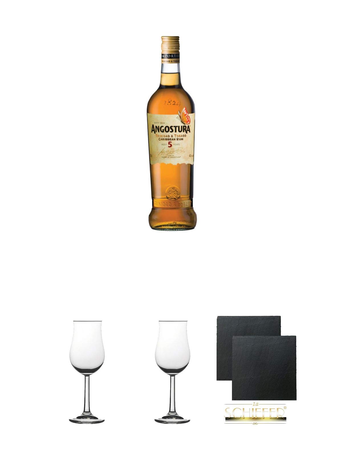 Angostura Gold 5 Jahre Trinidad & Tobago 0,7 Liter + 2 Bugatti Nosing Gläser mit Eichstrich 2cl und 4cl + 2 Schiefer Glasuntersetzer eckig ca. 9,5 cm Ø