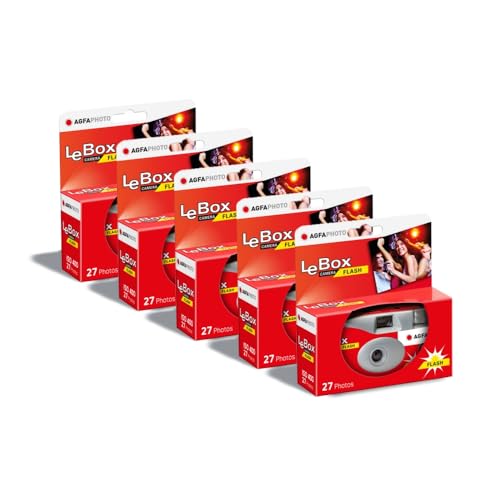 AGFA PHOTO LeBox 601020 Einwegkameras, 27 Fotos, optisches Objektiv 31 mm, Grau und Rot, 5 Stück