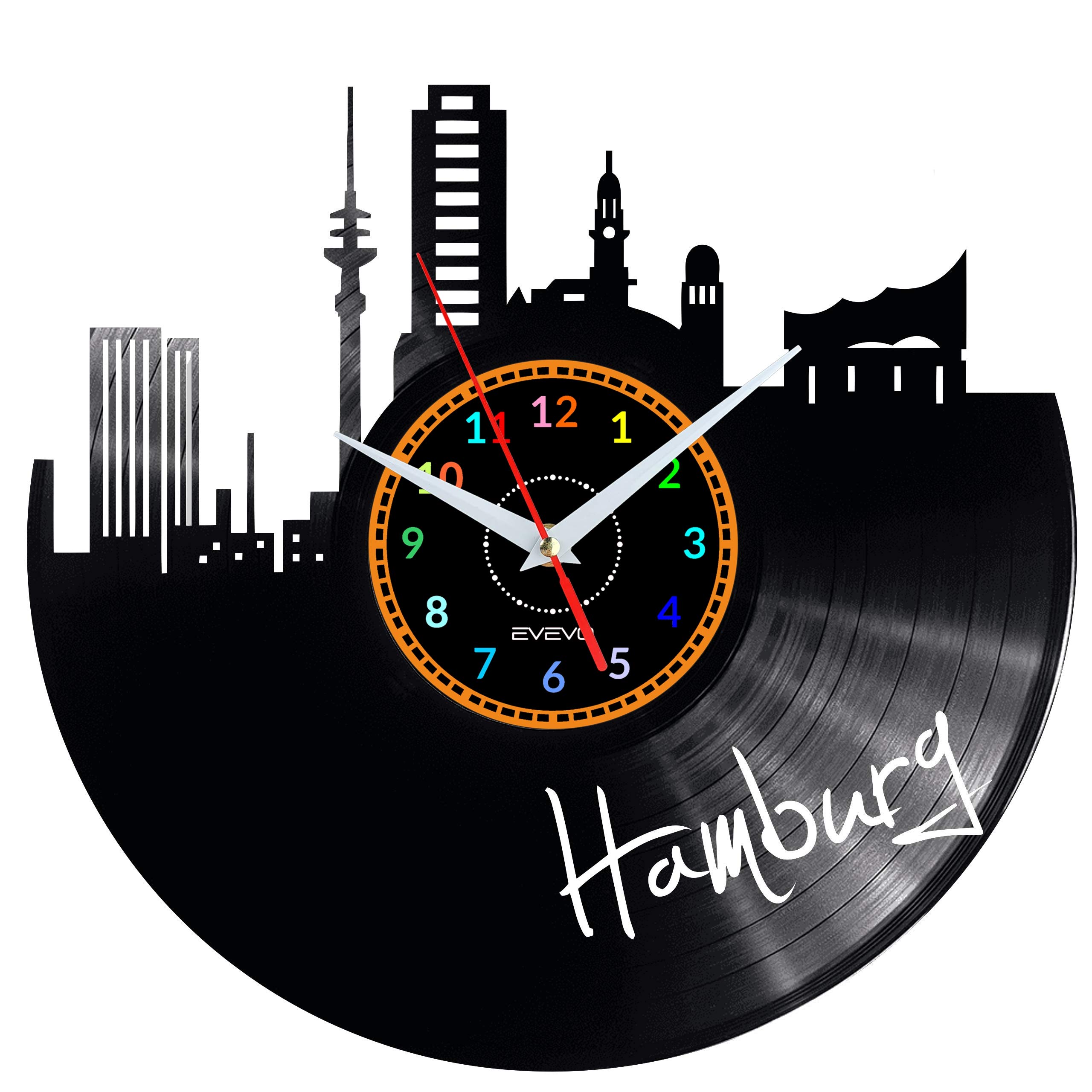 EVEVO Hamburg Wanduhr Vinyl Schallplatte Retro-Uhr groß Uhren Style Raum Home Dekorationen Tolles Geschenk Wanduhr Hamburg