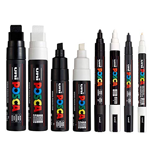 POSCA Marker, Stifte in verschiedenen Breiten, schwarz und weiß – Mittel bis Breit, 8 Stifte (PC-17K, PC-8K, PC-5M, PC-3M)