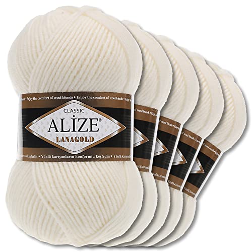 Alize 5 x 100 g Lanagold Wolle | 53 Auswahl | Stricken Häkeln Wolle (62 | Hellcreme)