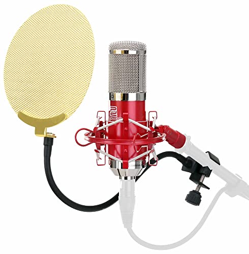Pronomic CM-100R Studio Großmembranmikrofon XLR-Kondensatormikrofon inkl. Popkiller Set (mit Mikrofonspinne, Etui, Windschutz, Reduziergewinde und Mikro Popschutz) rot