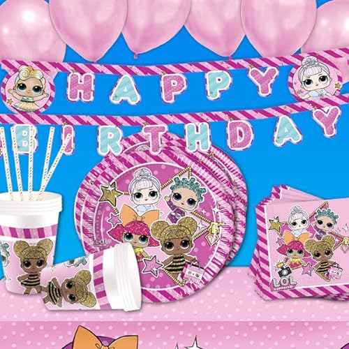 LOL Surprise Partyset: Partygeschirr Servietten Tischdecke Banner Ballons 56tlg, lustige Partydeko für Kindergeburtstag Mädchen und Jungen