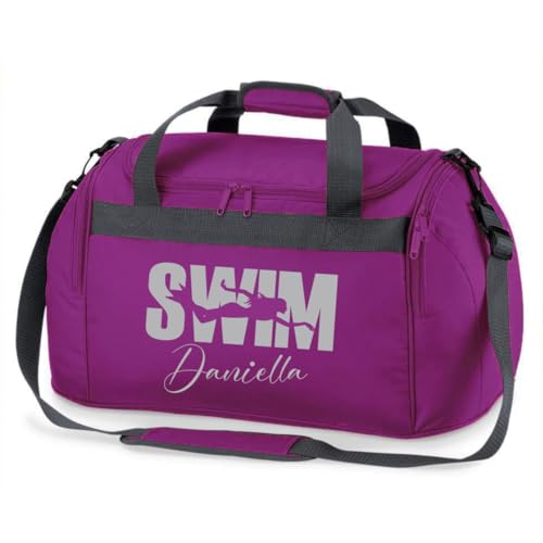 minimutz Sporttasche Schwimmen für Kinder - Personalisierbar mit Name - Schwimmtasche Swim Duffle Bag für Mädchen und Jungen (lila)
