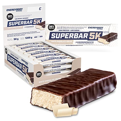 Energybody Superbar 5K Proteinriegel White Chocolate Cream 24x 50g / High Protein Riegel 38% Protein - 1,4g Zucker / Eiweißriegel zuckerarm für Low Carb Ernährung / Protein Bars