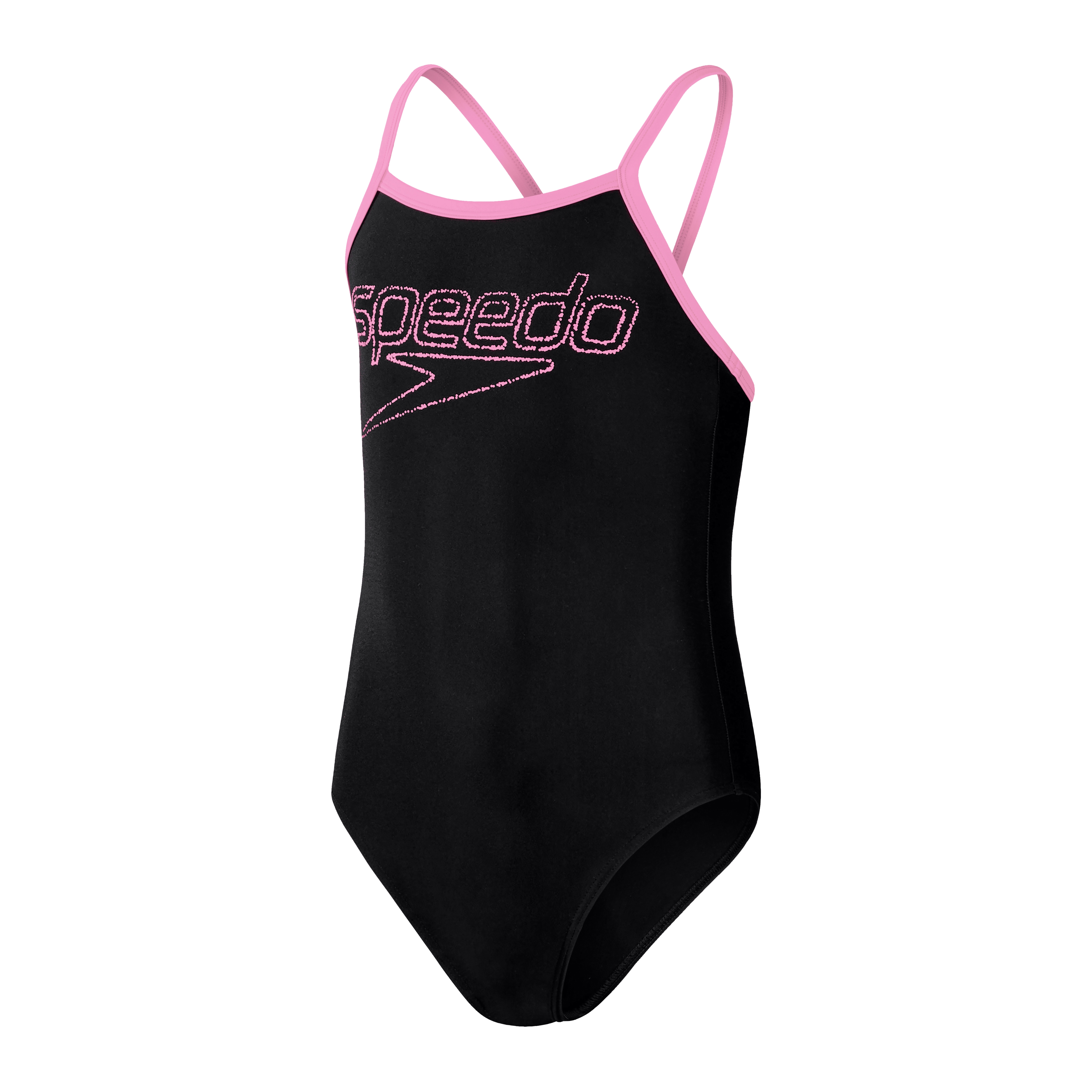 Speedo Muscleback-Badeanzug für Mädchen mit dünnen Trägern und Logo, Schwarz/Taffy Pink, 5-6 Jahre
