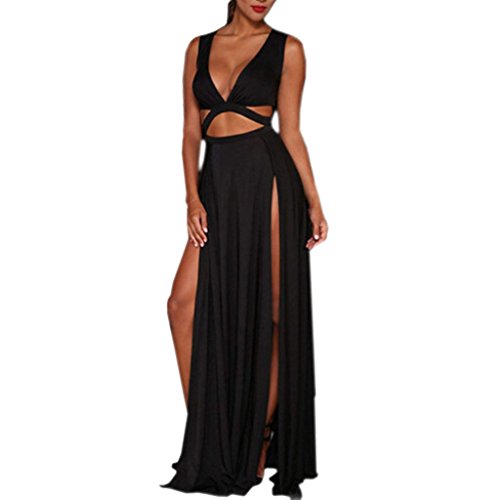 Generic Women Cutout Party Dress Deep V Neck Double Slit Long-Sleeve Maxi Dress Black