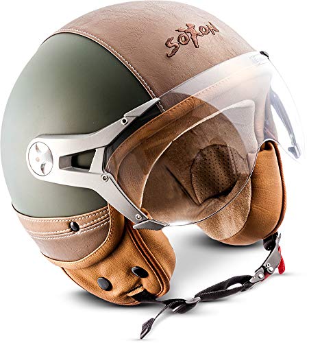 SOXON® SP-325 Urban "Green" · Jet-Helm · Motorrad-Helm Roller-Helm Scooter-Helm · ECE Visier Leather-Design Schnellverschluss Tasche XS (53-54cm)
