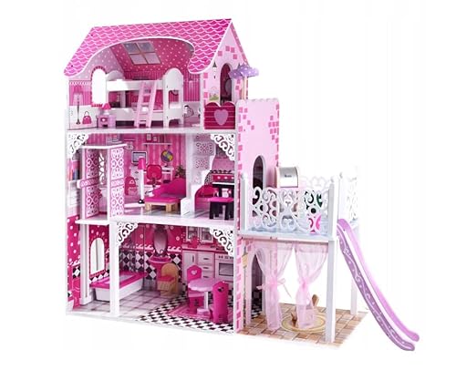 COIL Holzpuppenhaus, großes Spielzeugset mit Möbeln und Zubehör, Rutsche, Aufzug, ideal für Mädchen und Jungen