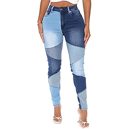 Yokbeer Dehnbare Patchwork-Jeans für Damen, Trendige, Elastische Taille, Zweifarbige Jeans, 90er-Jahre-Streetwear-Denim-Hose (Color : Blue, Size : S)