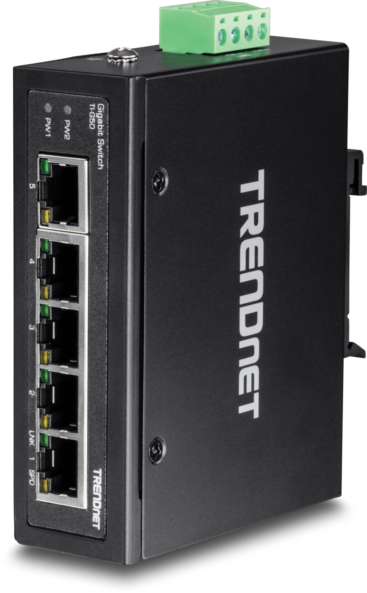 TRENDnet TI-G50 5-Port gehärteter industrieller Gigabit-DIN-Schienen-Switch, 10-Gbit / s-Schaltkapazität, IP30-Gigabit-Netzwerk-Switch DIN-Schienen- und Wandhalterungen enthalten