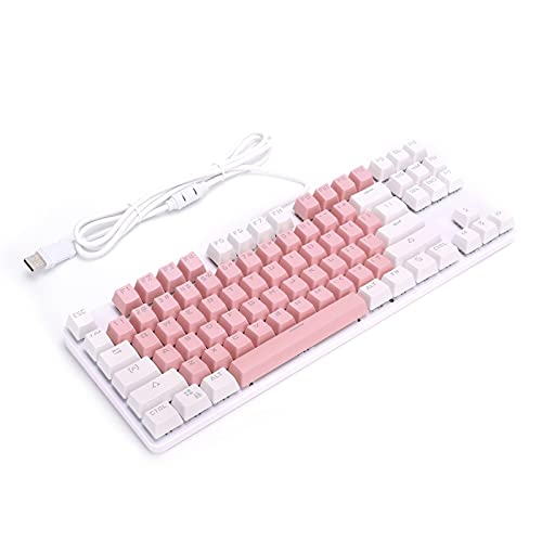PUSOKEI Mechanische Gaming-Tastatur, 87 Tasten Mechanische Tastaturen mit Blauem Schalter, Kabelgebundene RGB-LED-Tastatur mit Hintergrundbeleuchtung, Ergonomische Standardtastatur (pink mit weiß)