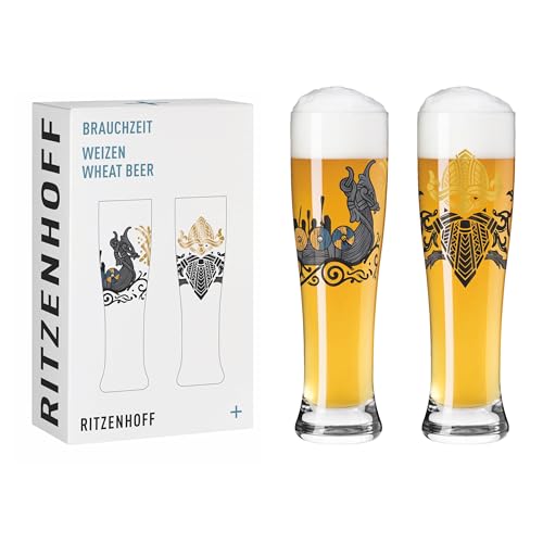 RITZENHOFF 3481010 Weizenbierglas 500 ml - 2er Set - Serie Brauchzeit - Runen Motiv, Gold und Schwarz - Made in Germany