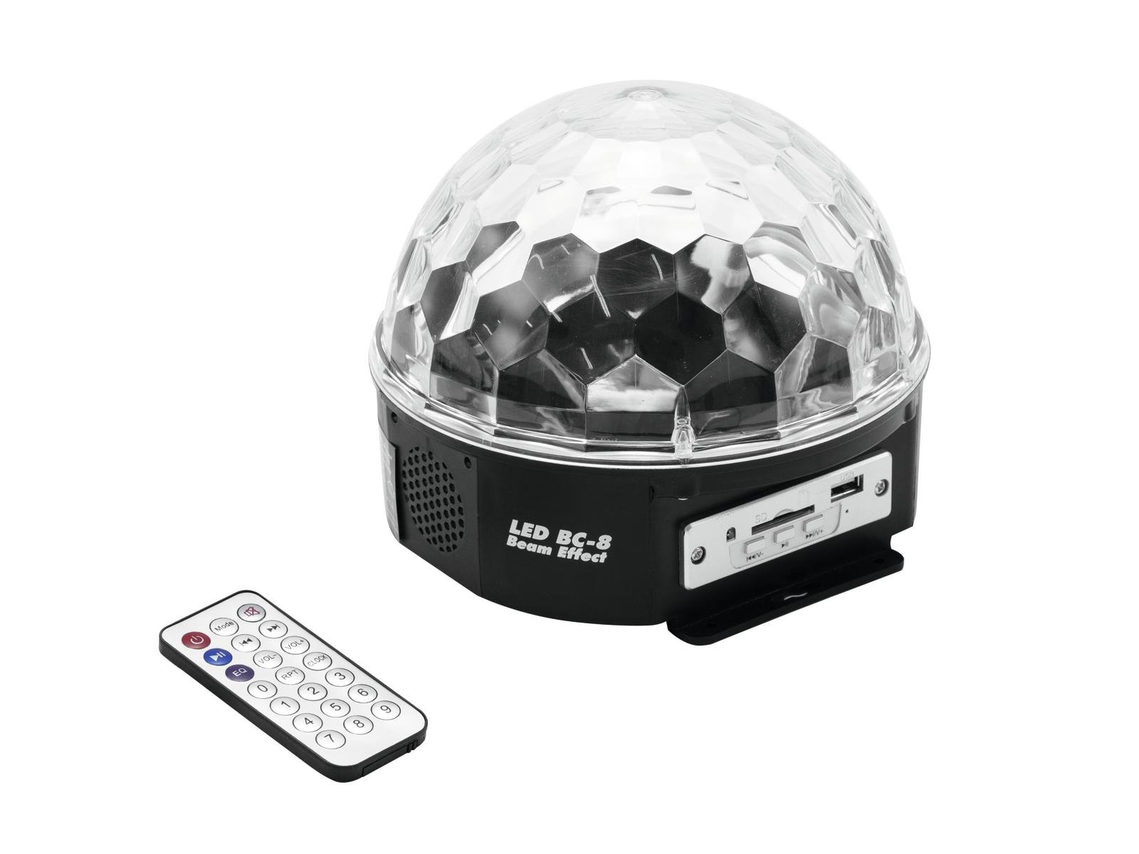 Eurolite LED BC-8 Strahleneffekt | Kompakter Spiegelkugel-Effekt mit integriertem Lautsprecher und MP-3 Player | mit SD-Katensteckplatz und USB-Anschluss | Inklusive Fernbedienung