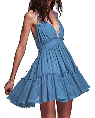 R.Vivimos Frauen Sommer Boho Sexy V-Ausschnitt Ärmellos Halfter Kleid Strandurlaub Kleid(Mittel, Blau)