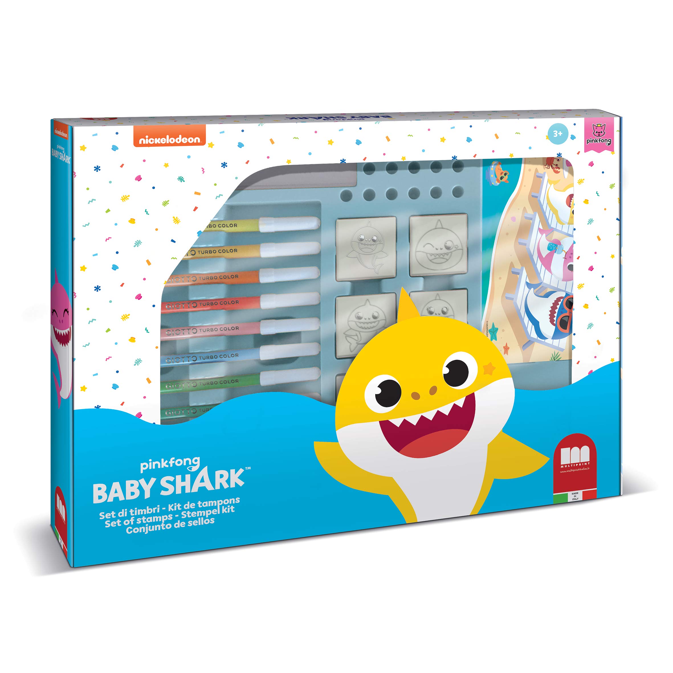 Multiprint Maxi Tasche 7 Stempel für Kinder Baby Shark, 100% Made in Italy, Benutzerdefinierte Stempelset Kinder, in Holz und Naturkautschuk, Ungiftige Waschbare Tinte, Geschenkidee, Art.04995