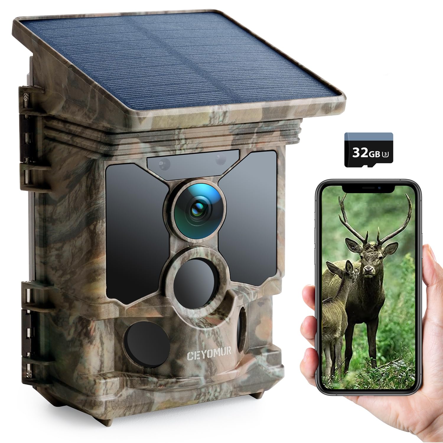 Solar WLAN Bluetooth Wildkamera Handyübertragung, CEYOMUR 4K 30fps 46MP Jagdkamera, mit Bewegungsmelder Nachtsicht IP66 Wasserdicht für Wildtier Überwachung mit U3 32GB Micro SD-Karte