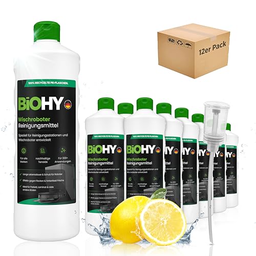 BiOHY Wischroboter Reinigungsmittel (12 x 1 Liter) + Dosierer | Speziell für Reinigungsstationen entwickelt | Verlängert die Lebensdauer der Absaugstation | Schaumarmes Bodenreiniger Konzentrat