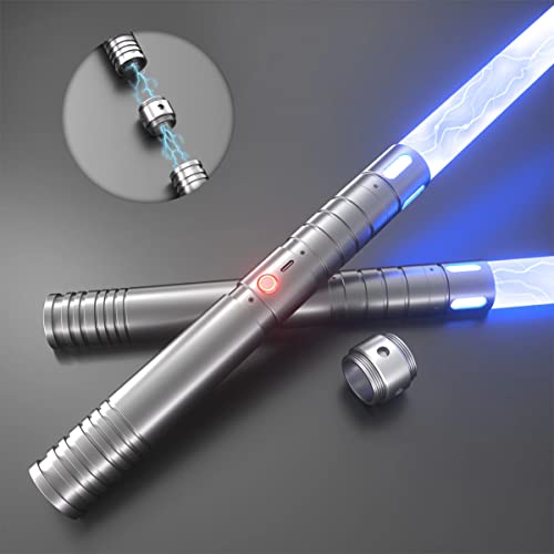 Lichtschwert, 15 Farben Lichtschwerter mit vibrierenden Metallgriffen, 2 in 1 LED Lichtschwert mit 3 Klänge Modi, Metallgriff | wiederaufladbare Batterie | Licht Burst-Modus (Silber Griff)