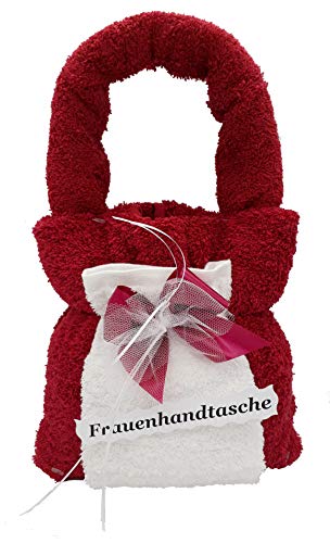 Frotteebox Geschenk Set Handtasche für Frauen in Handarbeit geformt aus Handtuch rot (100x50cm) und 2X Gästetuch rot/weiß (50x30cm)