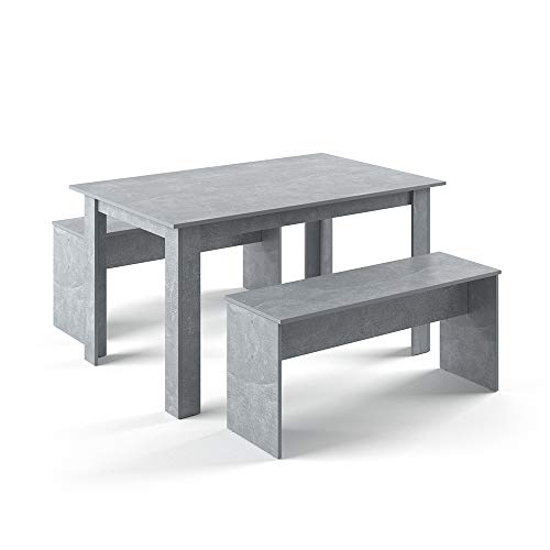 VICCO Tischgruppe 140 x 90 cm - 4 Personen - Esszimmer Esstisch Küche Sitzgruppe Tisch Bank - Bänke flexibel verstaubar (Beton)
