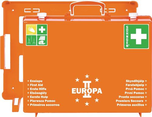 Söhngen Erste-Hilfe-Koffer Europa II gefüllt (mit Wandhalterung, Füllung nach DIN 13169, mit Wundverbände, Rettungsdecke) orange, 03001357