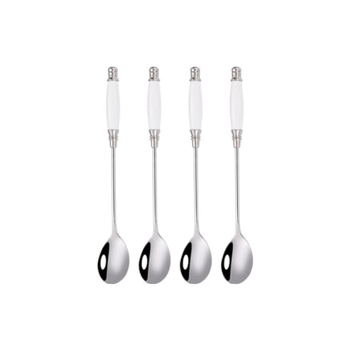 4 Teile/satz Kaffee Löffel 304 Edelstahl Keramik Griff Vergoldeten Kleinen Löffel Langen Griff Rühren Löffel Dessert Löffel Dropshiping (Color : White Silver 4 Pcs)