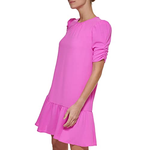 DKNY Women's Trapeze Dress with Ruched Sleeves and Ruffle Hem, Cosmic Pink, 8