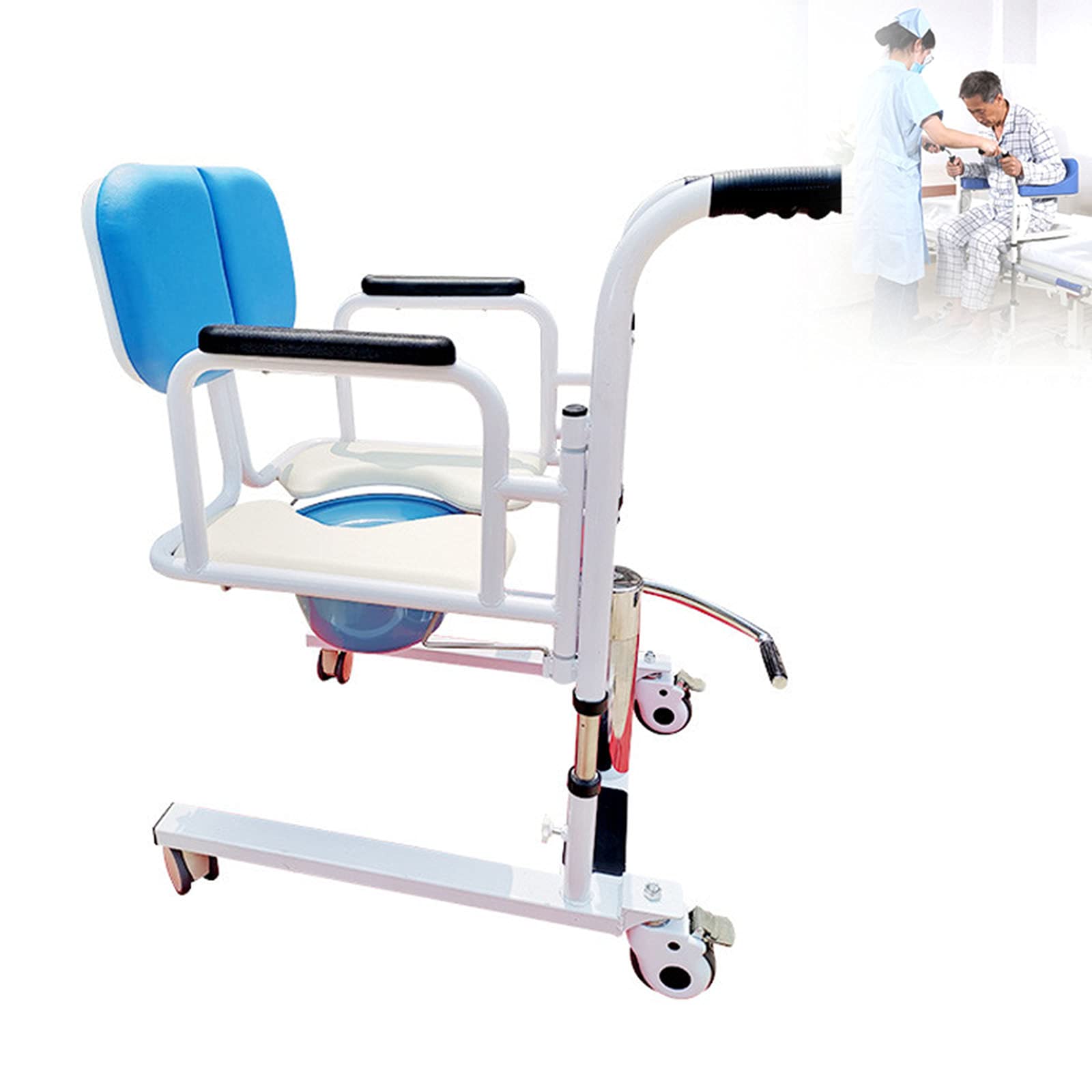 Rollstuhl mit hydraulischem Aufzug, behindertengerechter beweglicher Rollstuhl mit Bettpfanne und geteiltem 180°-Sitz, Duschstuhl Toilettenstuhl,Blue